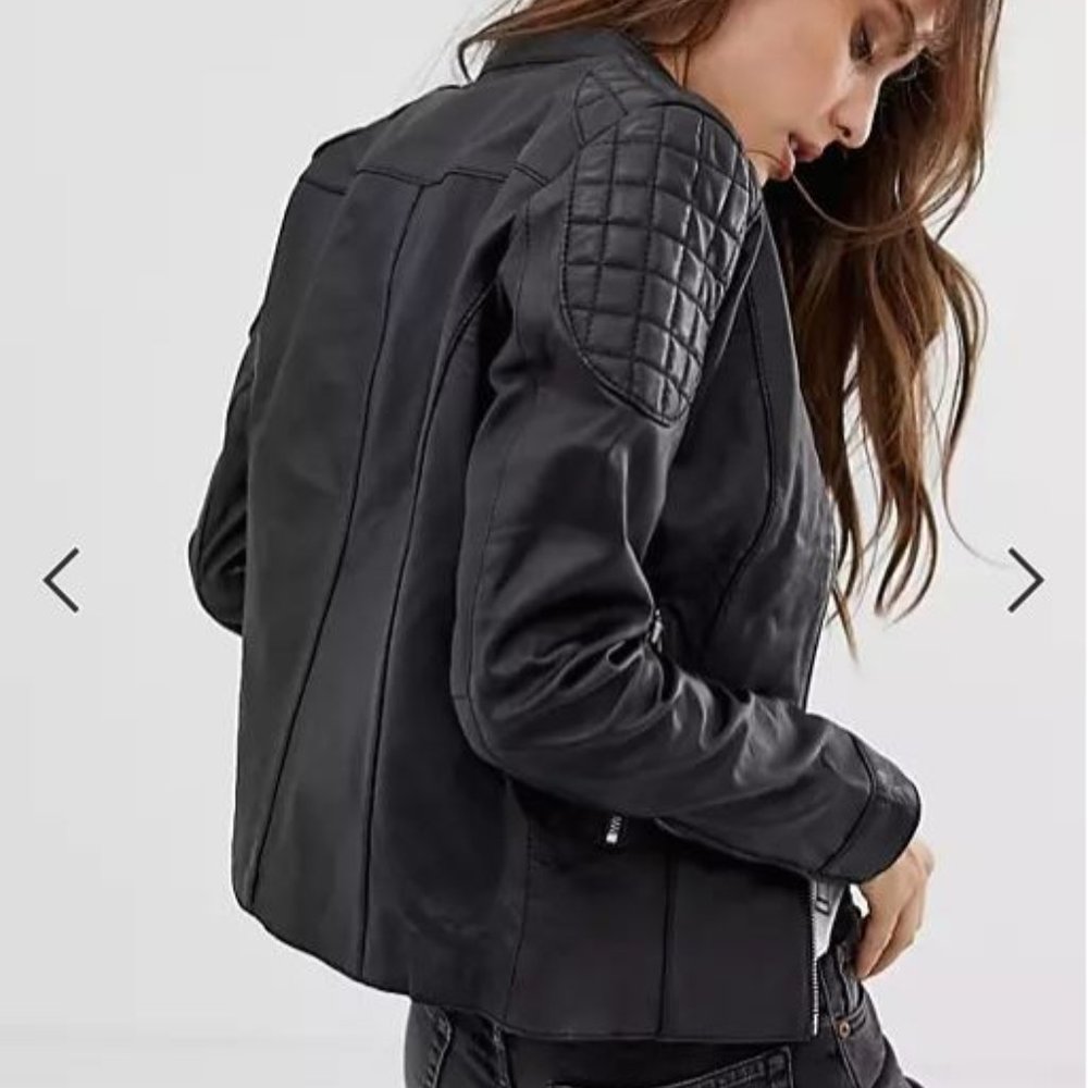 Goosecraft Collarless Leather Jacket with Diamond Quilt Detail